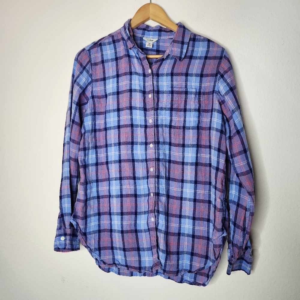 L.l Bean Womens Medium 100% Linen Plaid Purple Button Down Shirt